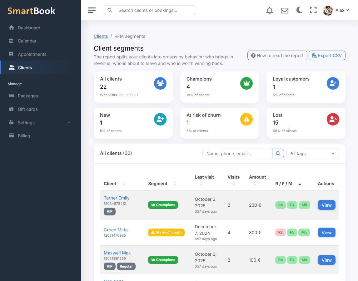 Segments, client tags, and the RFM report