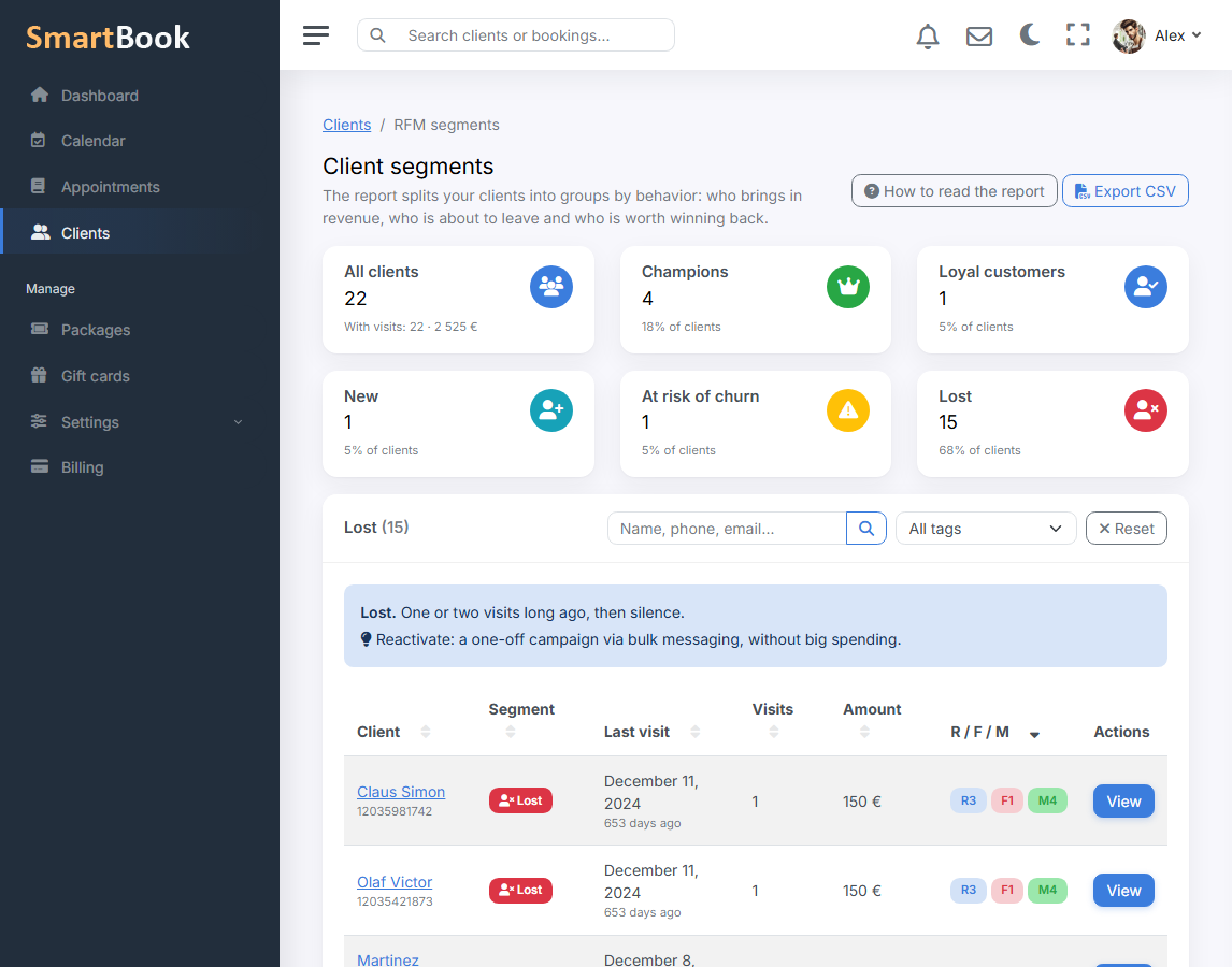 Segments, client tags, and the RFM report