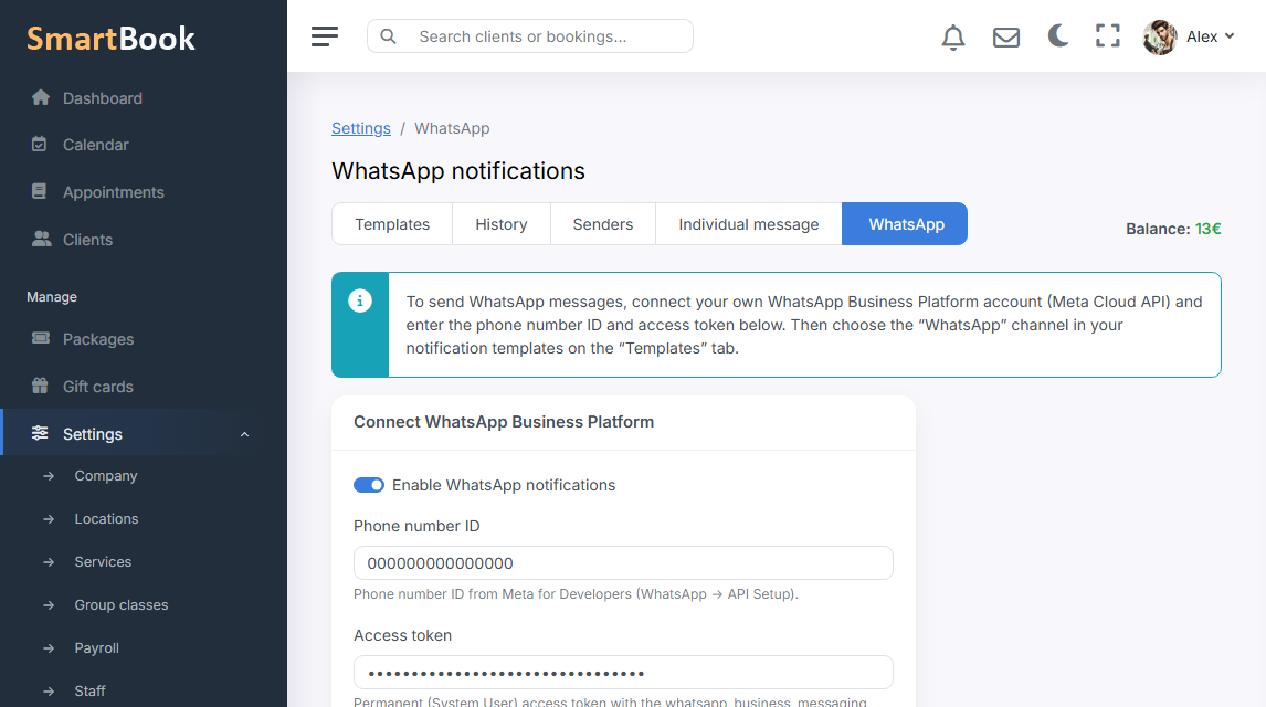 WhatsApp notifications for clients